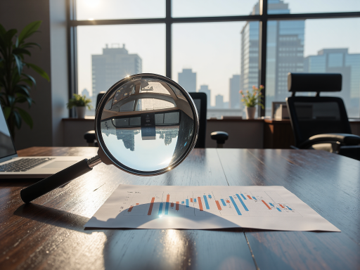 检测报告验证场景，桌面上摆放着多份检测报告文件，放大镜图标，专业验证工具，明亮办公环境